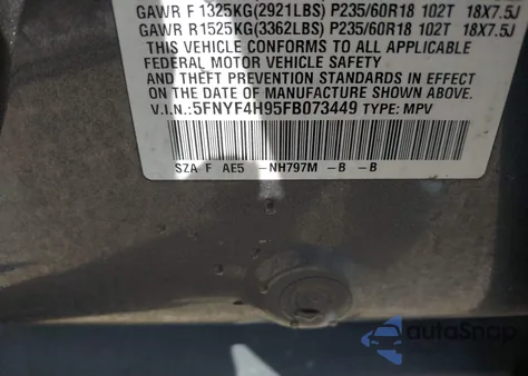 2015 Honda Pilot Touring from USA, damaged, VIN 5FNYF4H95FB073449